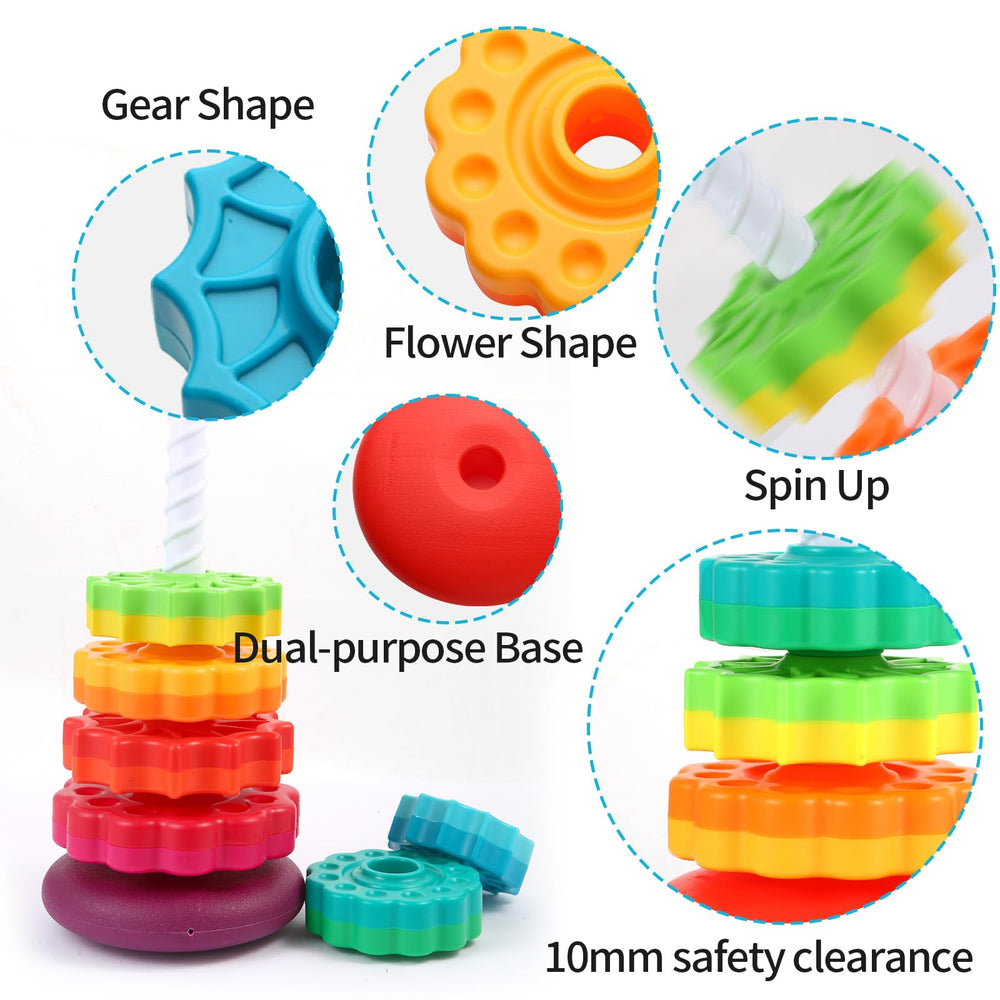 LMTNNB rainbow toy demonstrates cause-and-effect through spinning actions.