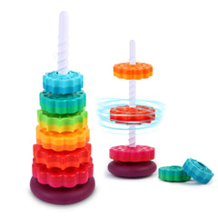 LMTNNB rainbow spinning tower for toddlers promotes stacking and color recognition.