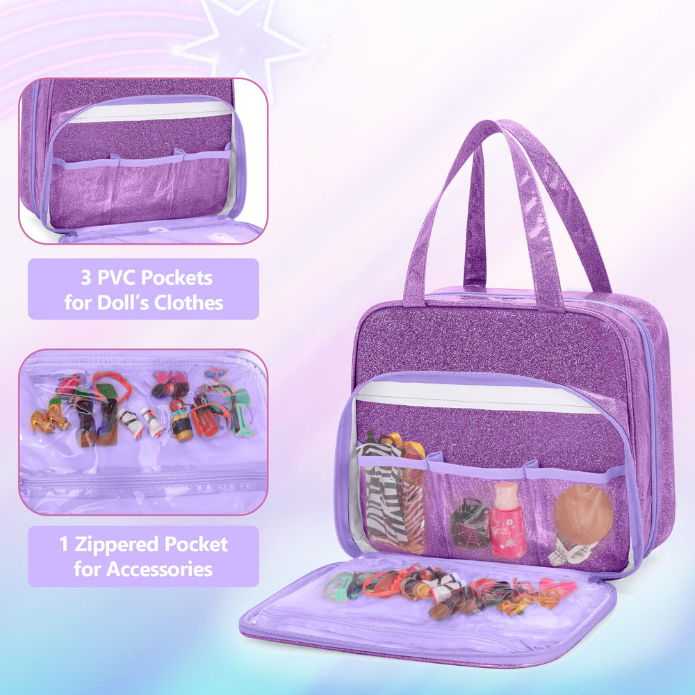 Purple LoDrid tote-style doll bag with front pocket for accessories