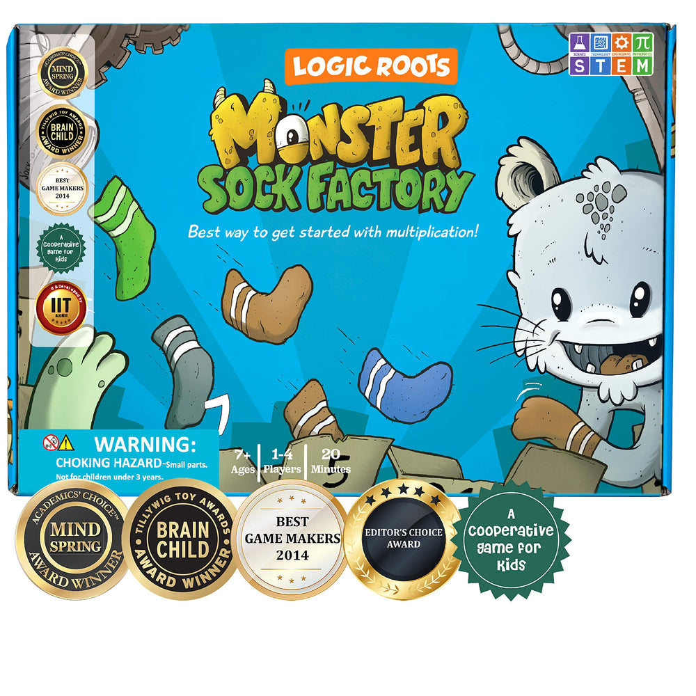 Logic Roots Monster Sock Factory variation 01: colorful tiles spark multiplication practice.