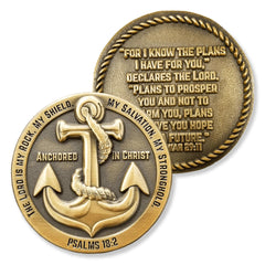 LOGOS COINS Anchored in Christ prayer coin back featuring Jeremiah 29:11 for encouragement.