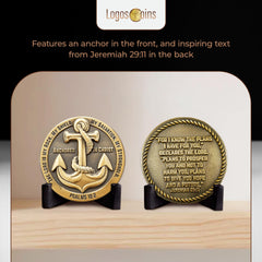 LOGOS COINS Display-ready prayer coin shown in a collection or on a surface.