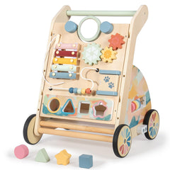 LOL-FUN wooden walker with detachable busy board for seated exploration and play.