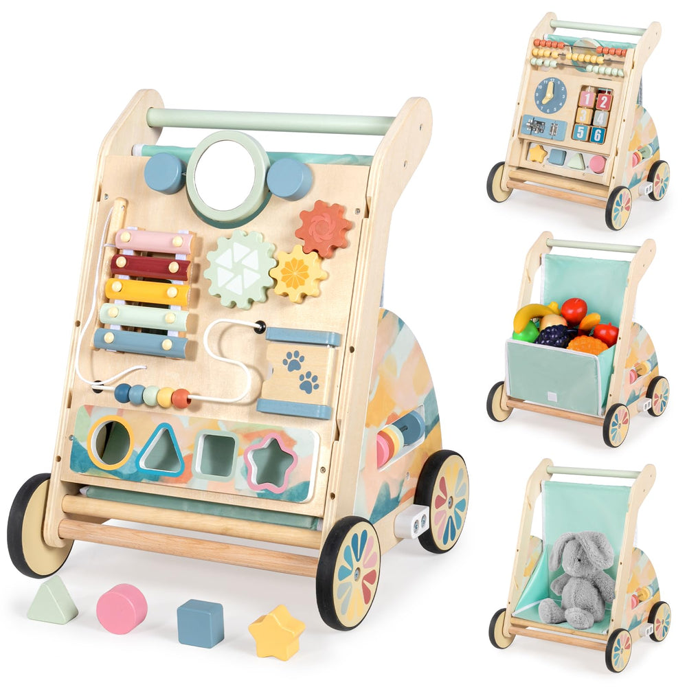 LOL-FUN wooden baby walker with double-sided busy board for independent play