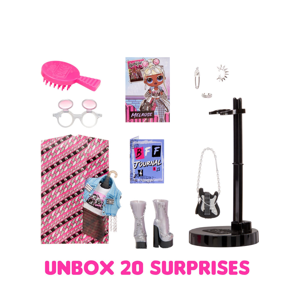 L.O.L. Surprise! OMG Melrose hairbrush included supports easy detangling during play.