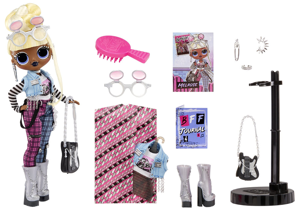 L.O.L. Surprise! OMG Melrose doll stand helps stabilize poses for pretend runway shows.