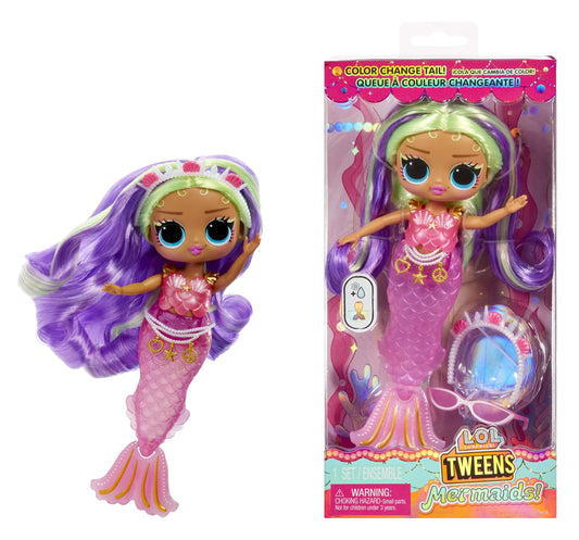 L.O.L. Surprise Tweens Mermaid Cleo Clove tail color change in cold water boosts bath-time fun.