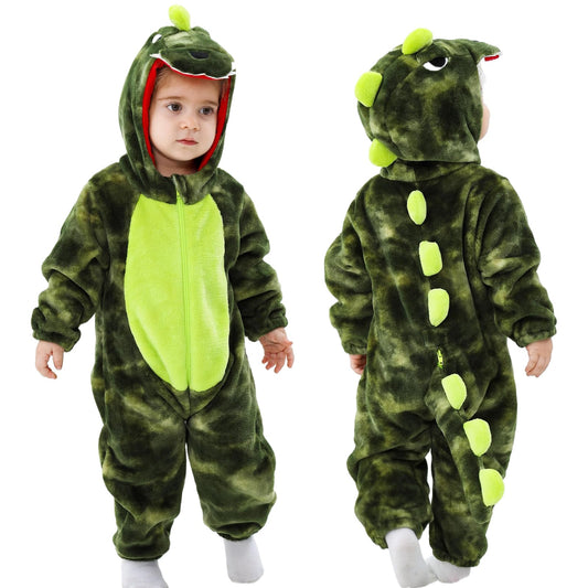 LOLANTA toddler Dinosuar hooded jumpsuit in tie-dye green for cozy indoor wear.