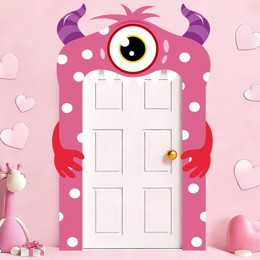 Lonfliness Valentines monster banner shows a pink polka-dotted monster for door display.