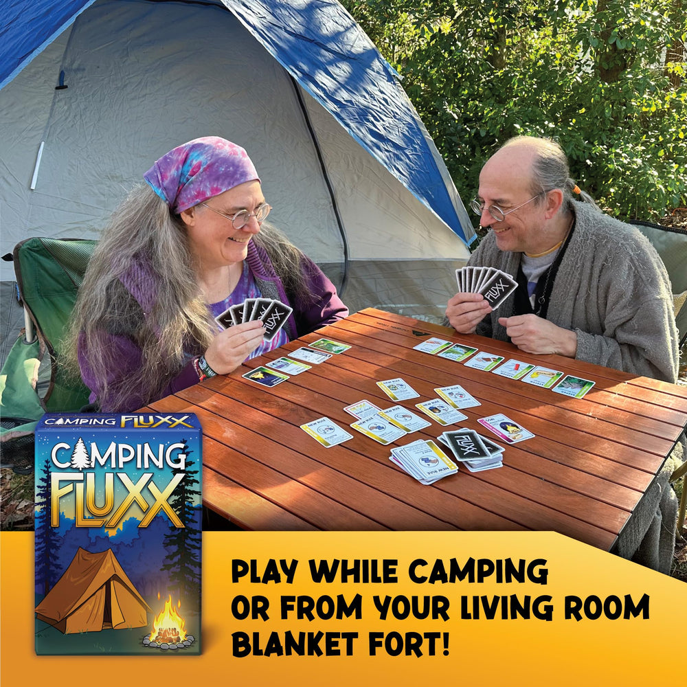 Looney Labs Camping Fluxx rule cards enable quick start and fast play.