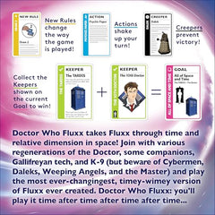 Looney Labs Doctor Who Fluxx cards spread showcasing flexible rounds