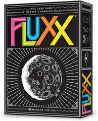 Looney Labs Fluxx 5.0 box front with quick-start setup for instant fun.