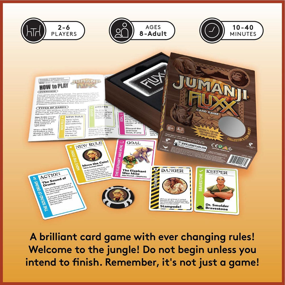 Looney Labs Jumanji Fluxx cards in hand illustrate changing rules in action