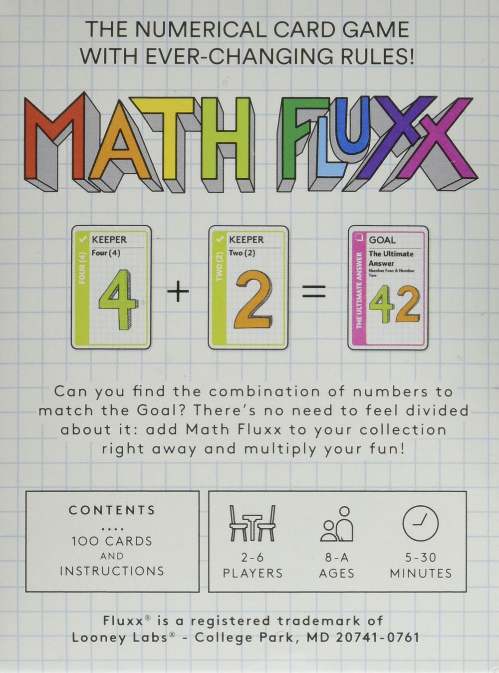Looney Labs Math Fluxx number cards laid out for hands-on arithmetic practice.