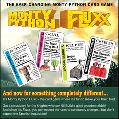 Compact Fluxx setup for Monty Python, ideal for game night at home