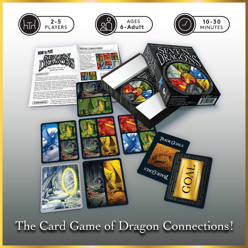 Looney Labs Seven Dragons secret goal cards add thrilling bluffing and strategy to play.