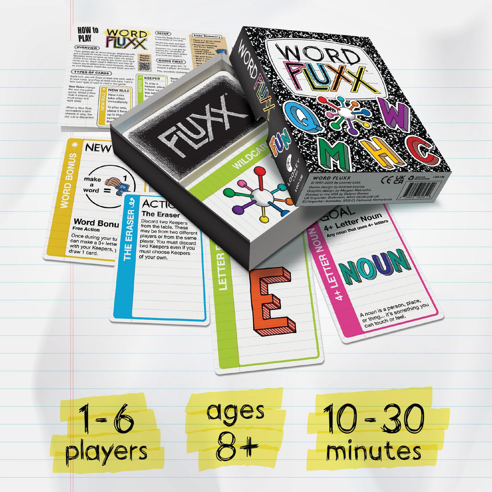 Looney Labs Word Fluxx players' hands in action emphasizing fast decision-making and collaboration