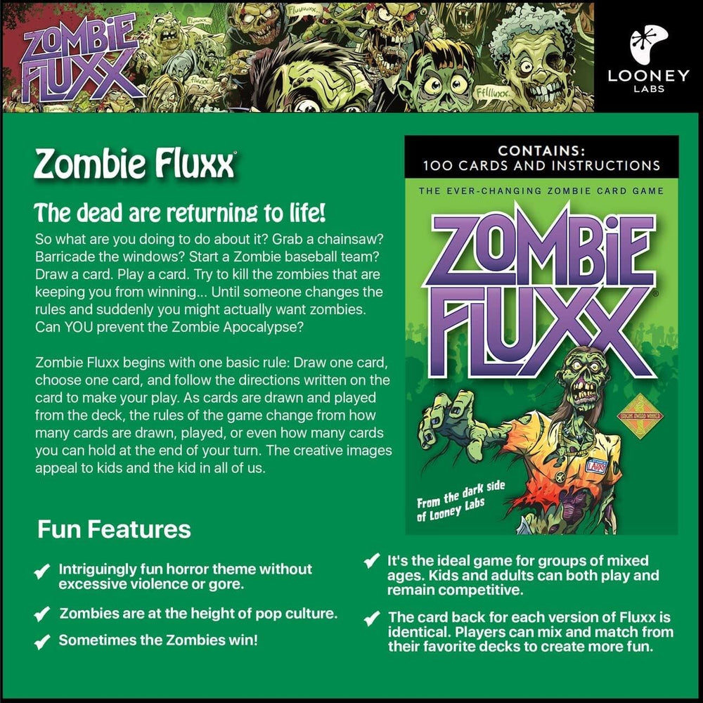 Looney Labs Zombie Fluxx suits 2-6 players for versatile game nights.