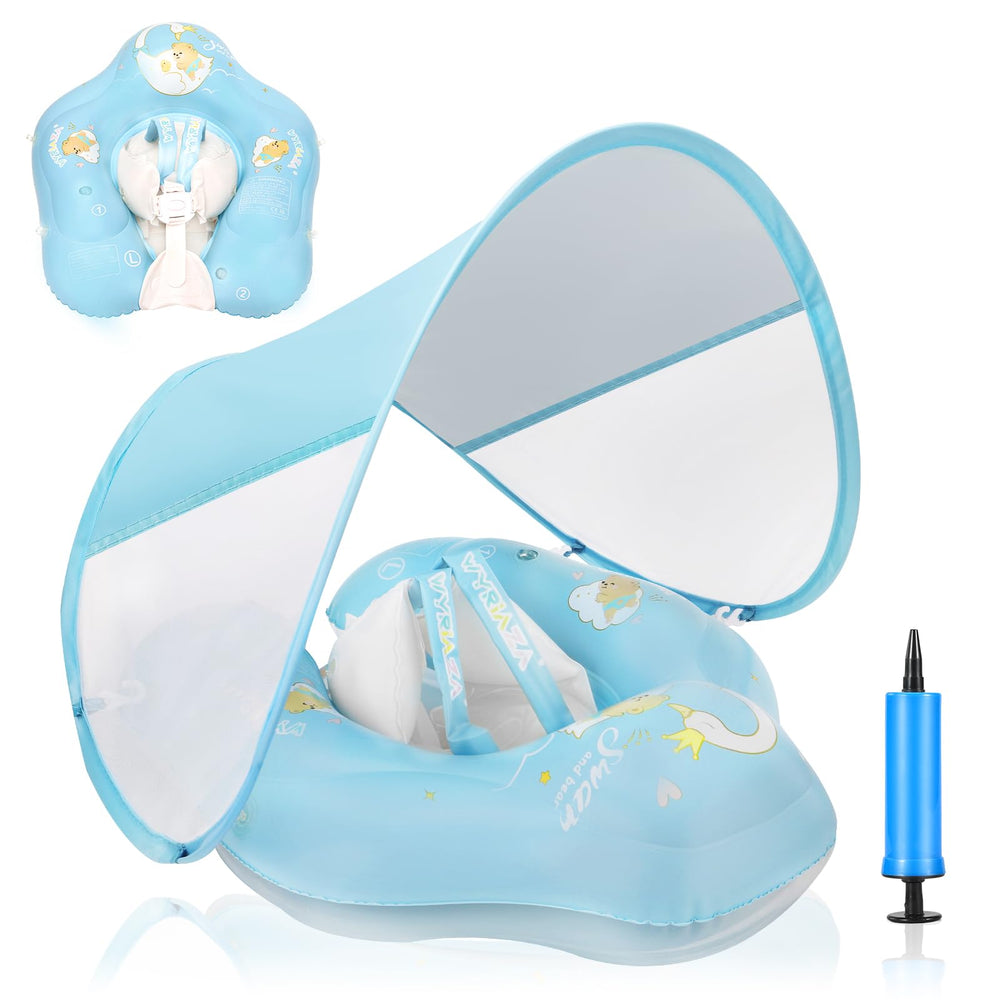 Loowarts baby pool float with canopy provides secure shade for infant play.