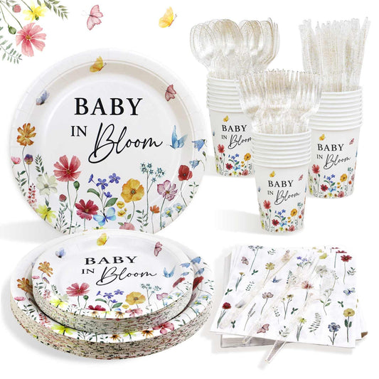 Lopeastar baby in bloom dessert plates; sturdy and soak-proof for spring baby shower snacks.
