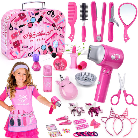 Lorfancy 49 Pcs Hair Salon Kit laid out for pretend play and imaginative styling.