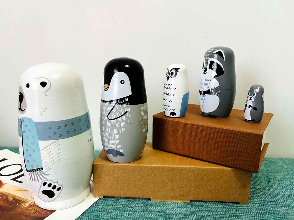 Five different sizes Lorveelo nesting dolls for playful stacking