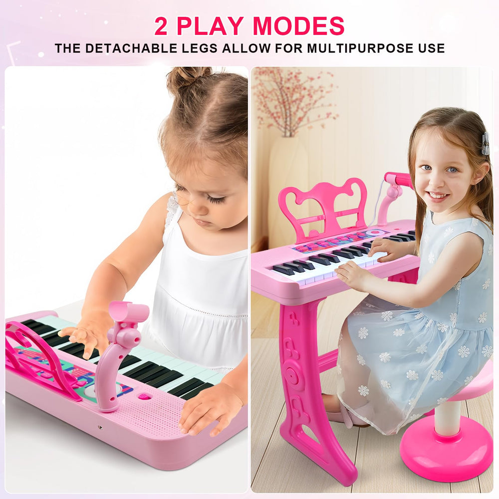 Love&Mini keyboard with stool shown for comfortable seated play