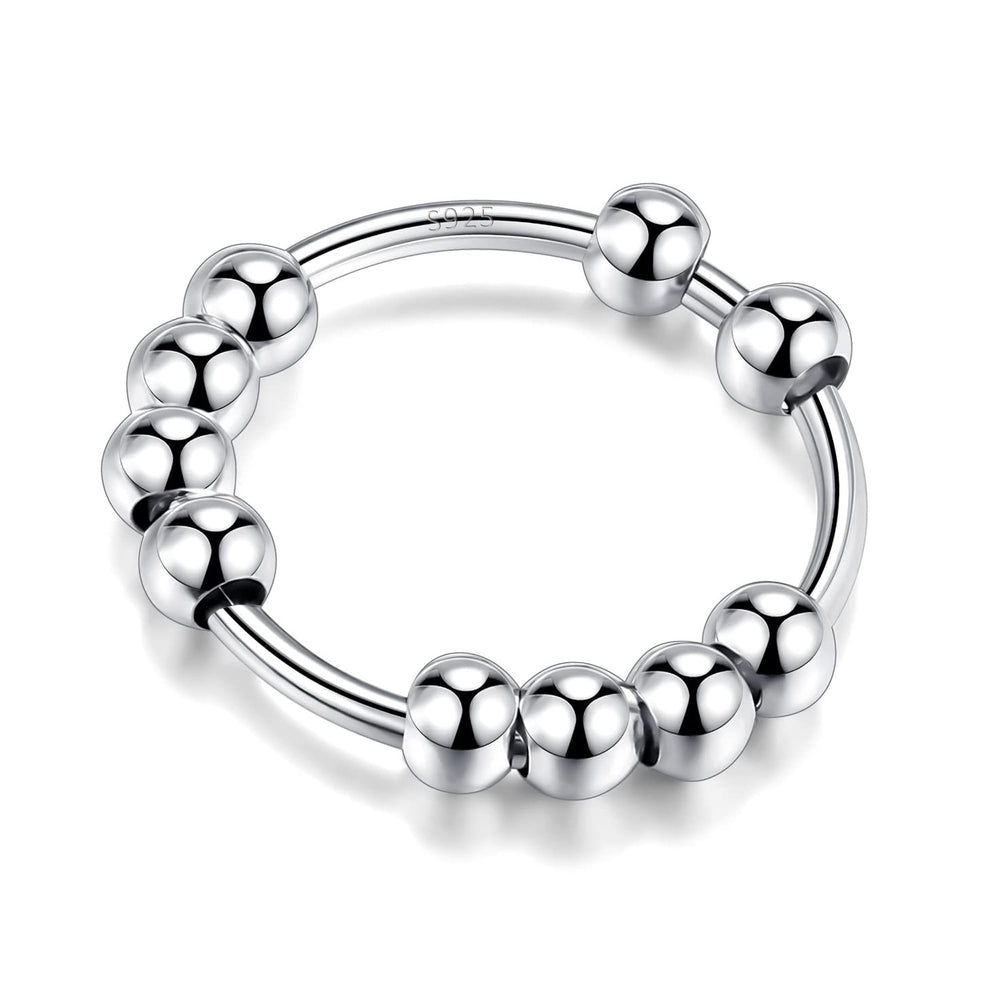 LOVECOM 925 silver anxiety ring with beads — top view showing rotating focus beads.