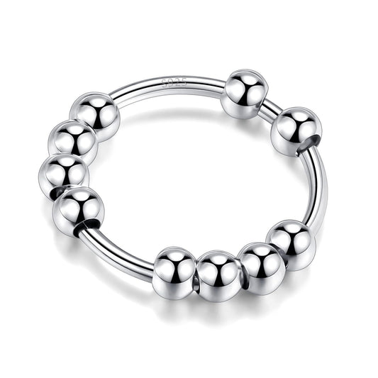 LOVECOM 925 silver anxiety ring with beads β top view showing rotating focus beads.