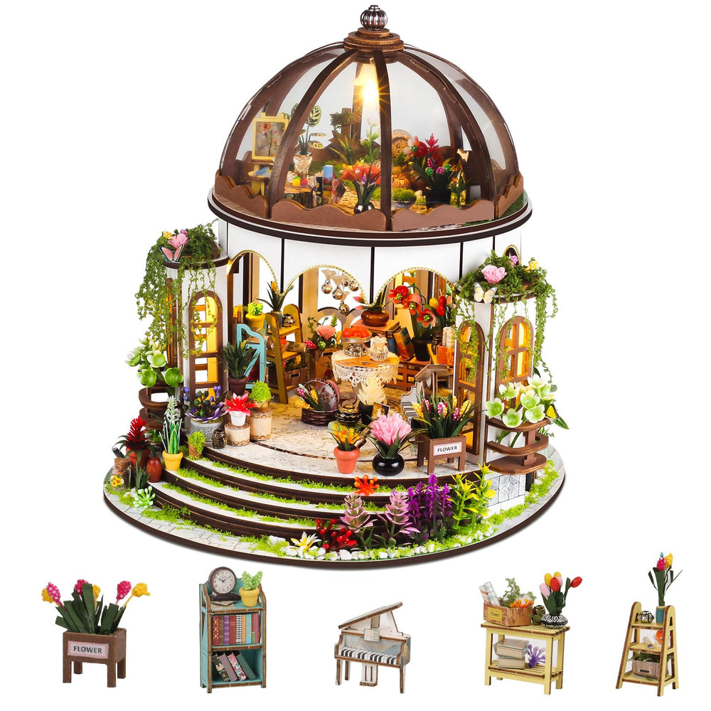 Lovelyhome miniature house kit with hanging garden creates a cozy shelf focal point.