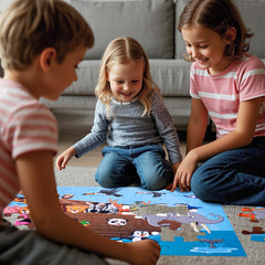 LovesTown floor puzzle assembly: complete 3 by 2 feet size creates a lively learning space.