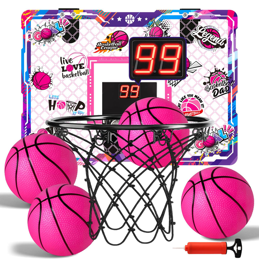 LovesTown pink indoor mini basketball hoop over-the-door setup for quick family play