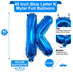 Lovoir giant blue K balloon setup enhances photo backdrops and stage decor.