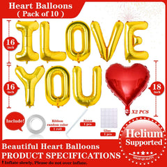 Lovoir gold I LOVE YOU balloons with red hearts for Valentine ambience
