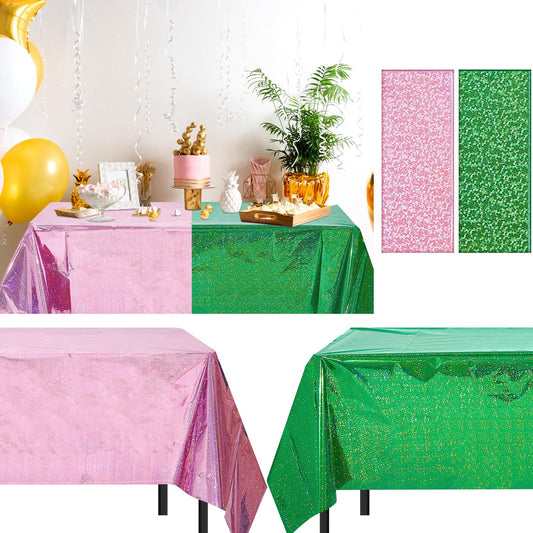 LOYIM witch holographic tablecloth in pink and green adds magical party sparkle.