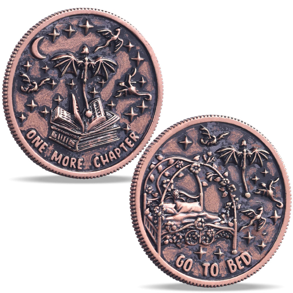 LParkin Just One More Chapter Coin front view with book-inspired engravings.