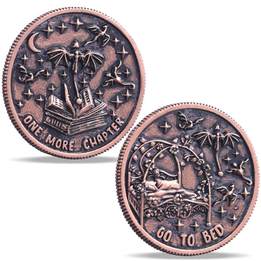LParkin Just One More Chapter Coin front view with book-inspired engravings.
