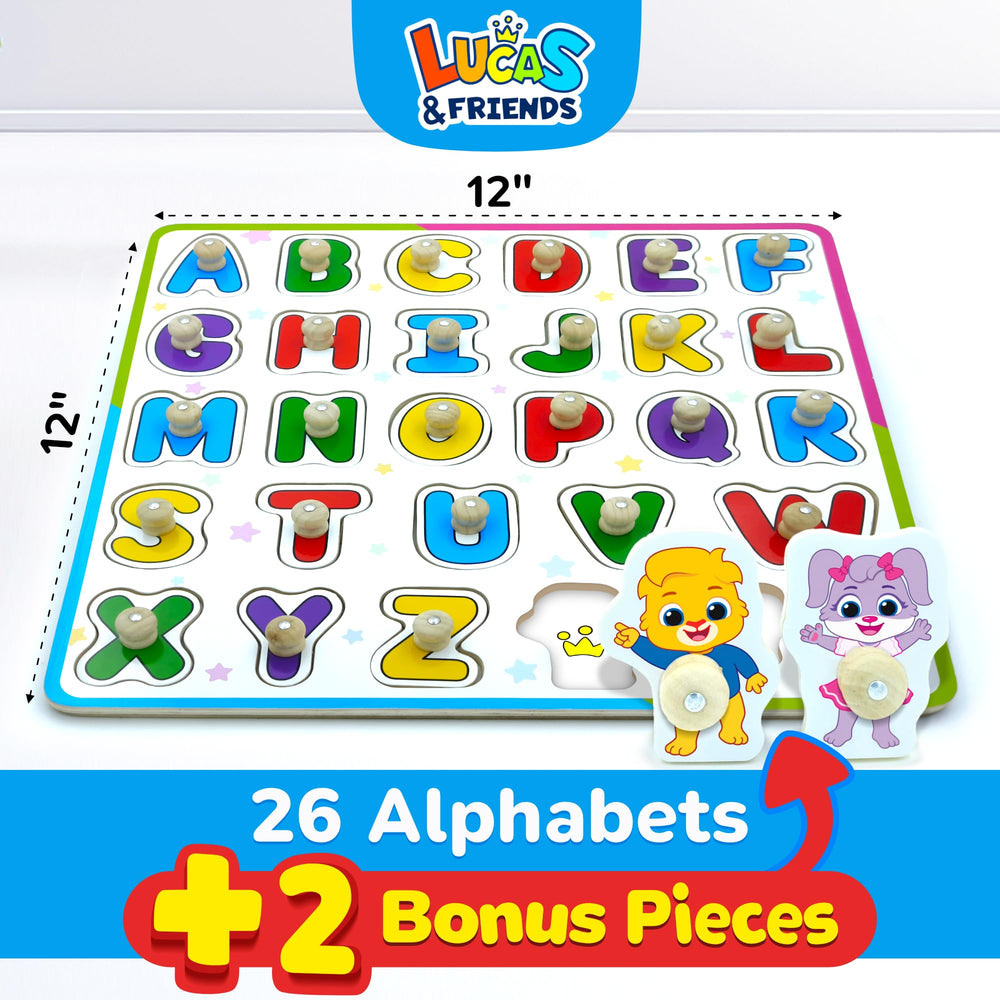 Lucas & Friends peg puzzle letters encourage hand-eye coordination.