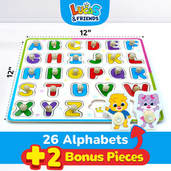 Lucas & Friends peg puzzle letters encourage hand-eye coordination.