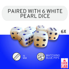 Six pearl dice with blue pips from Luck Lab