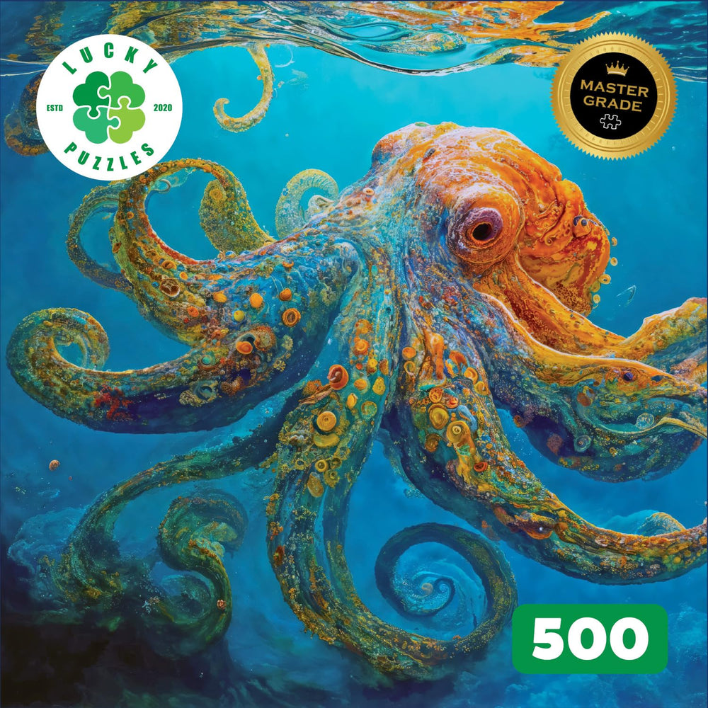 Lucky Puzzles complete ocean masterpiece showcases serene blues and vibrant octopus.