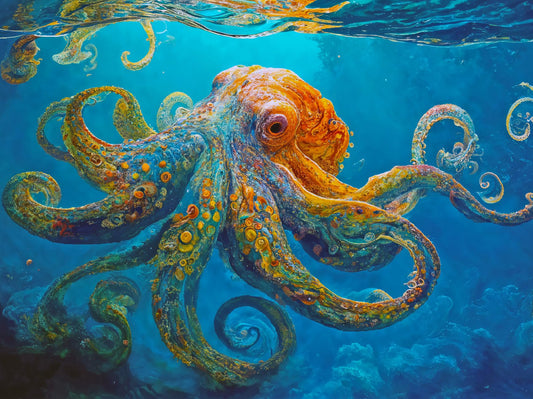 Lucky Puzzles Octopus in Swirling Sea puzzle image, vibrant orange hues inspire oceanic wonder.