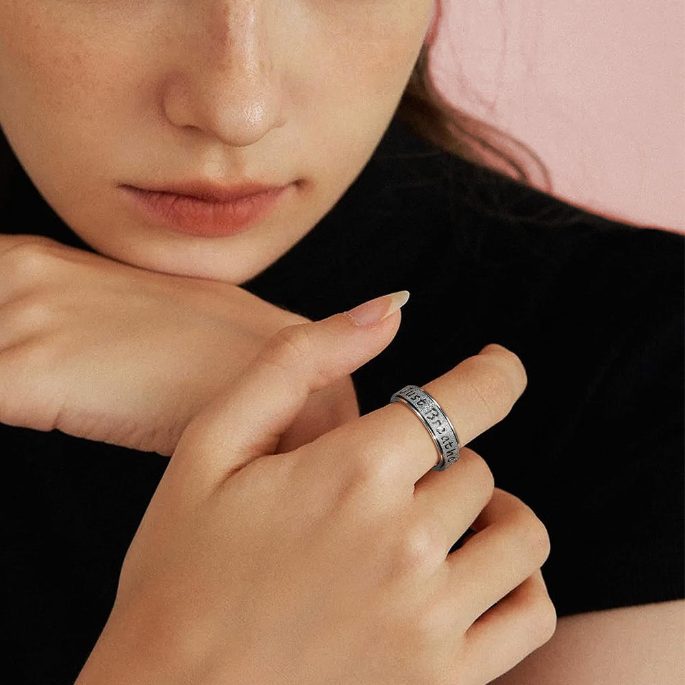 LuckyAmor Just Breathe ring engraving shows 'Just breathe' to encourage calm moments.