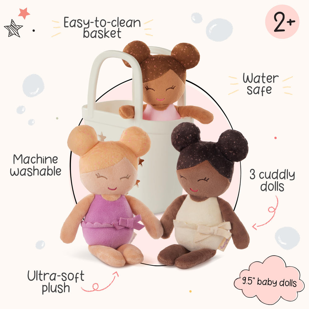 LullaBaby bath play in tub with plush soft dolls for real water interaction.