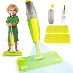 Lullulii Kids Spray Mop in green bottle shows easy, supervised cleaning for toddlers.