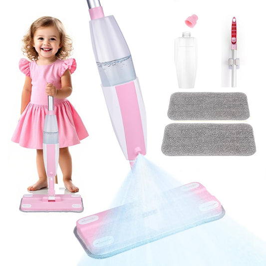 Lullulii kids spray mop pink in action, encouraging pretend cleaning and motor skills.