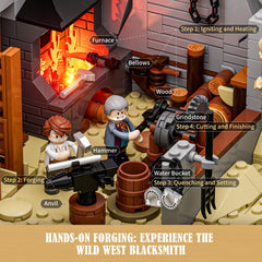 Lumibricks Blacksmith workshop tools showcase realistic craft actions for immersive building.