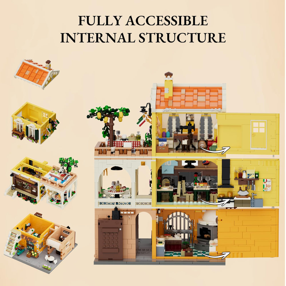 Lumibricks brass-accented kitchen highlights authentic prep areas