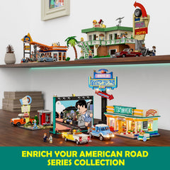 Lumibricks City Drive-in dual-use screen serves as a media stand and display stage.