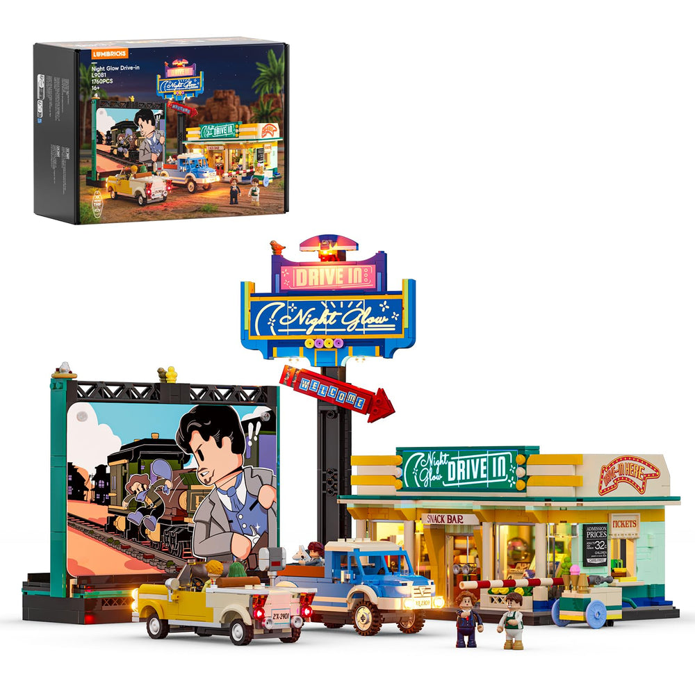 Lumibricks City Drive-in neon billboard provides retro lighting for desktop décor.